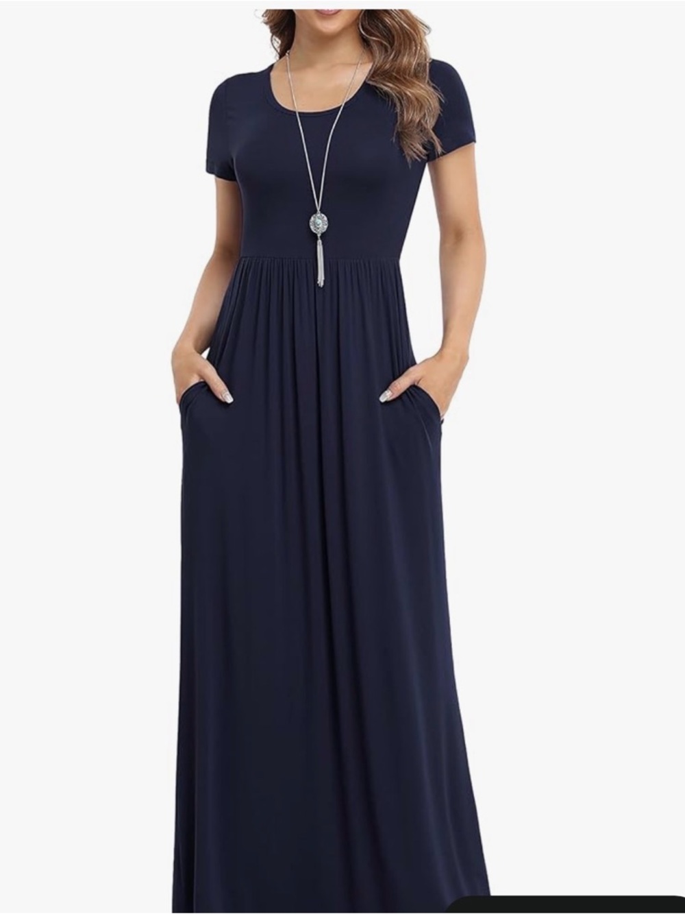 Navy Short-Sleeve Maxi Dress with Pockets